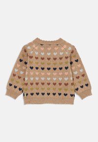 Beżowy sweter dzianinowy z wzorem wielokolorowych serc w odcieniach różu, brązu, zieleni i granatu, z okrągłym dekoltem i żebrowanymi mankietami.