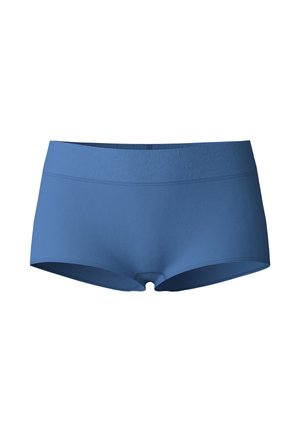Blaue Stretch-Shorts aus glattem Material, mit einem breiten Bund und einem abgerundeten Saum, konzipiert für Komfort und Passform.