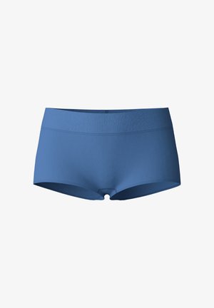 Blauwe stretch stof short met een gladde textuur, voorzien van een brede tailleband en een ronde zoom, ontworpen voor comfort en pasvorm.