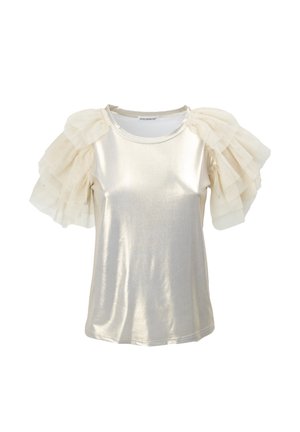 Metallic gold short-sleeve T-shirt with sheer, layered tulle puff sleeves and a round neckline. Smooth texture, relaxed fit.