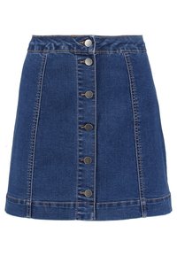 Gonna di denim blu scuro con vita alta, caratterizzata da una chiusura frontale a bottoni e cinque bottoni in tonalità argento, oltre a dettagli in cucitura a contrasto.