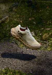 Chaussure de trail running beige avec un dessus texturé, un design incurvé et des rayures d'accent marron foncé ; dispose d'une semelle épaisse pour une bonne adhérence sur divers terrains.