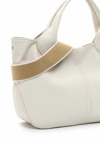 Borsa a mano bianca in pelle con superficie testurizzata e forma arrotondata. Presenta una tracolla in tessuto marrone chiaro e dettagli di cucitura sottili lungo i lati.