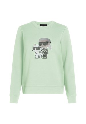 Felpa verde menta con un grafico di un personaggio e un gatto, entrambi con occhiali da sole, decorata con dettagli lucidi.