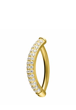 Curved gold ring with two rows of small round clear gemstones set along the outer surface.