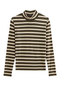 Chemise à col roulé à manches longues avec des rayures horizontales olive et crème. Fabriquée en tissu doux et extensible avec une coupe ajustée.