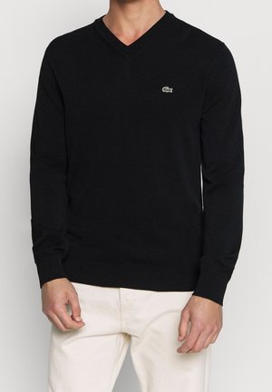 Homme portant un pull noir à col en V avec un petit logo crocodile vert sur la poitrine et un pantalon écru sur fond uni.