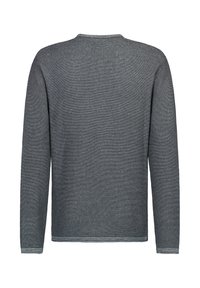 Grauer Pullover mit langen Ärmeln, einem strukturierten Strickmuster, Rundhalsausschnitt und geradem Saum. Keine sichtbaren Marken oder zusätzlichen Verzierungen.