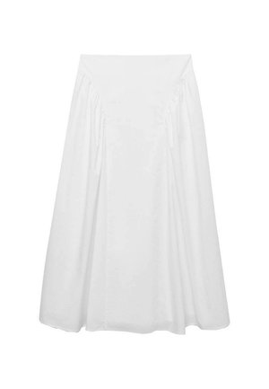Falda midi blanca de algodón, con una textura suave, detalles fruncidos en los lados y una cinturilla ajustada para una silueta fluida.