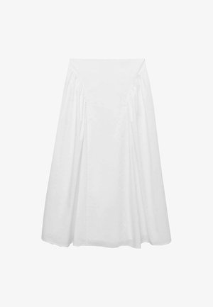 Fustă midi albă din bumbac, cu o textură netedă, detalii plisate pe laterale și un brâu ajustat pentru o siluetă vaporoasă.