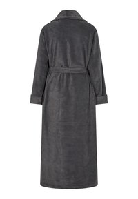 Charcoal-grauer Bademantel aus weichem Fleece, mit einem Kragen, langen Ärmeln, bindbarem Bund und einer Länge bis zur Mitte der Waden für zusätzlichen Schutz.