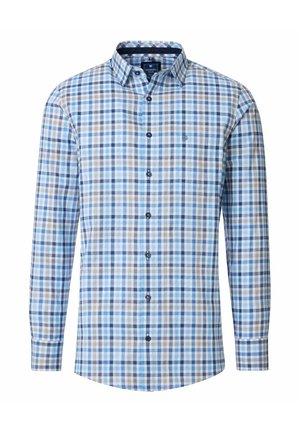 Long-sleeve shirt featuring a blue, gray, and white plaid pattern, button-up front, and a classic collar design.