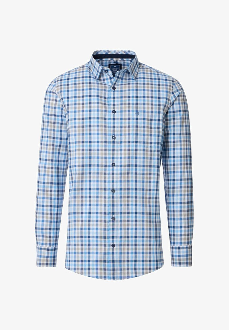 Koszula z długim rękawem w niebiesko-szaro-białą kratę, z zapięciem na guziki z przodu i klasycznym kołnierzykiem.
