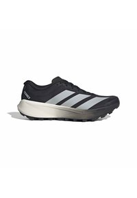 Schwarzer und grauer Adidas Terrex Trailrunning-Schuh mit einer robusten Sohle und dem Schriftzug "TERREX" an der Ferse.