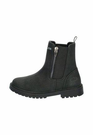 Schwarzer Knöchelstiefel mit seitlichem Reißverschluss, elastischem Einsatz und Zuglasche, mit robuster Sohle und matter Oberfläche.