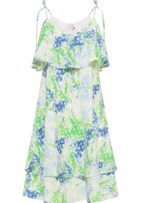 Blumendruckkleid mit geschichtetem Rüschendesign, verstellbaren Spaghetti-Trägern und Farben in Blau, Grün und hellgelb auf einem hellen Hintergrund.
