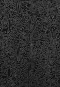 Black fabric featuring an intricate embossed pattern of interconnected letters in varying widths and depths. Texture appears smooth and matte.