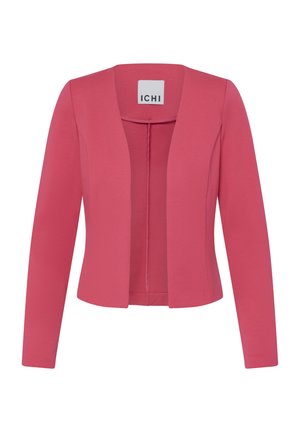 Rózsaszín, nyitott elöljú női blézer hosszú ujjakkal, strukturált varrásokkal és rövidített fazonnal, az ICHI felirattal a gallér belsejében.