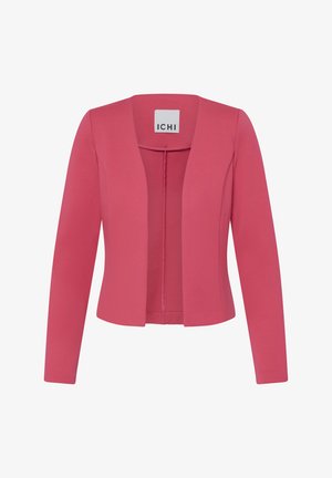 Rózsaszín, nyitott elöljú női blézer hosszú ujjakkal, strukturált varrásokkal és rövidített fazonnal, az ICHI felirattal a gallér belsejében.