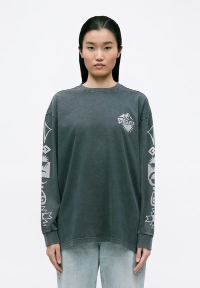 Grijze longsleeve sweatshirt van katoen, met een logo aan de voorkant en een onderscheidend grafisch patroon op de mouwen, ronde halslijn en een relaxed fit.