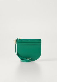 Green leather cardholder with a rounded shape, zip closure, front slots for cards, and a detachable strap. Gold hardware accents.