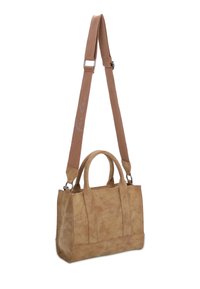 Bolso de ante sintético color marrón claro con asas superiores dobles y una correa de hombro de tela marrón desmontable. Presenta detalles de costura sutiles y una forma estructurada.