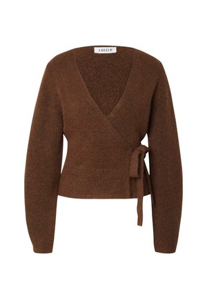 Brauner, gestrickter Wickelpullover mit V-Ausschnitt, langen Ärmeln und seitlichem Bindeband. Weiche Textur und figurbetontes Design.
