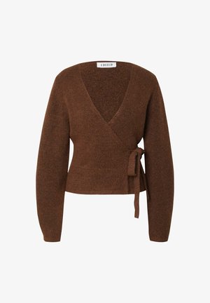 Brown, knitted wrap sweater with a V-neck, long sleeves, and a side tie detail. Soft texture and fitted design.