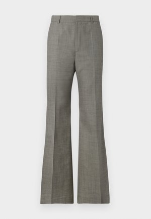 Grijze flared broek van gestructureerde stof, met een maatwerk pasvorm, subtiel ruitpatroon en voorplooien voor een verfijnde uitstraling.