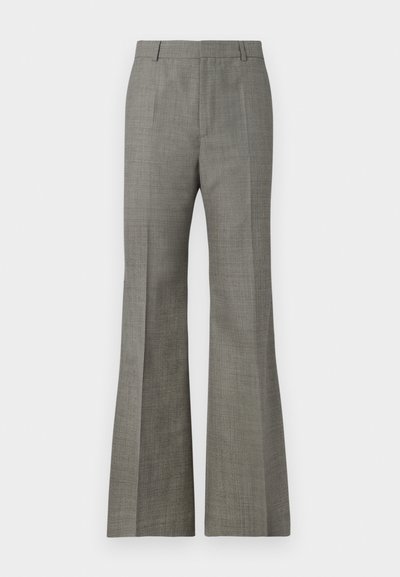 Pantalons gris évasés en tissu texturé, avec une coupe ajustée, un motif à carreaux subtil et des plis avant pour une apparence raffinée.
