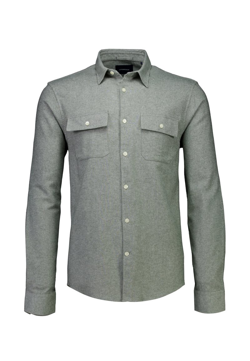 Lichtgrijs overhemd met knopen, gemaakt van zachte stof, met een spread collar, lange mouwen en twee borstzakken met knoopsluitingen.