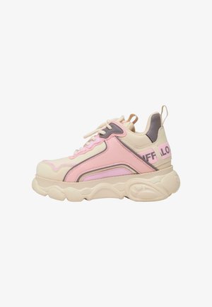 Chunky sneaker with a cream base, pink and grey accents. Features textured upper, lace-up design, and pronounced rubber sole with wave pattern.
