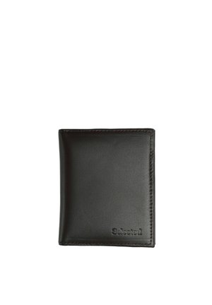 Portefeuille pliant en cuir noir avec logo "Selected" embossé dans le coin inférieur droit, photographié sur fond blanc.