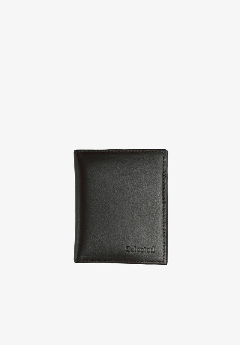 Portefeuille pliant en cuir noir avec logo "Selected" embossé dans le coin inférieur droit, photographié sur fond blanc.