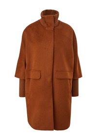 Abrigo de mezcla de lana marrón con cuello alto, mangas cortas, dos bolsillos frontales y puños de punto acanalado. Textura suave y lisa.