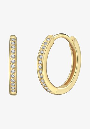 Zelta riņķa auskari ar slaidu dizainu un rindu mazu caurspīdīgu dārgakmeņu gar vienu pusi. Gluda virsma, pulēta apdare.