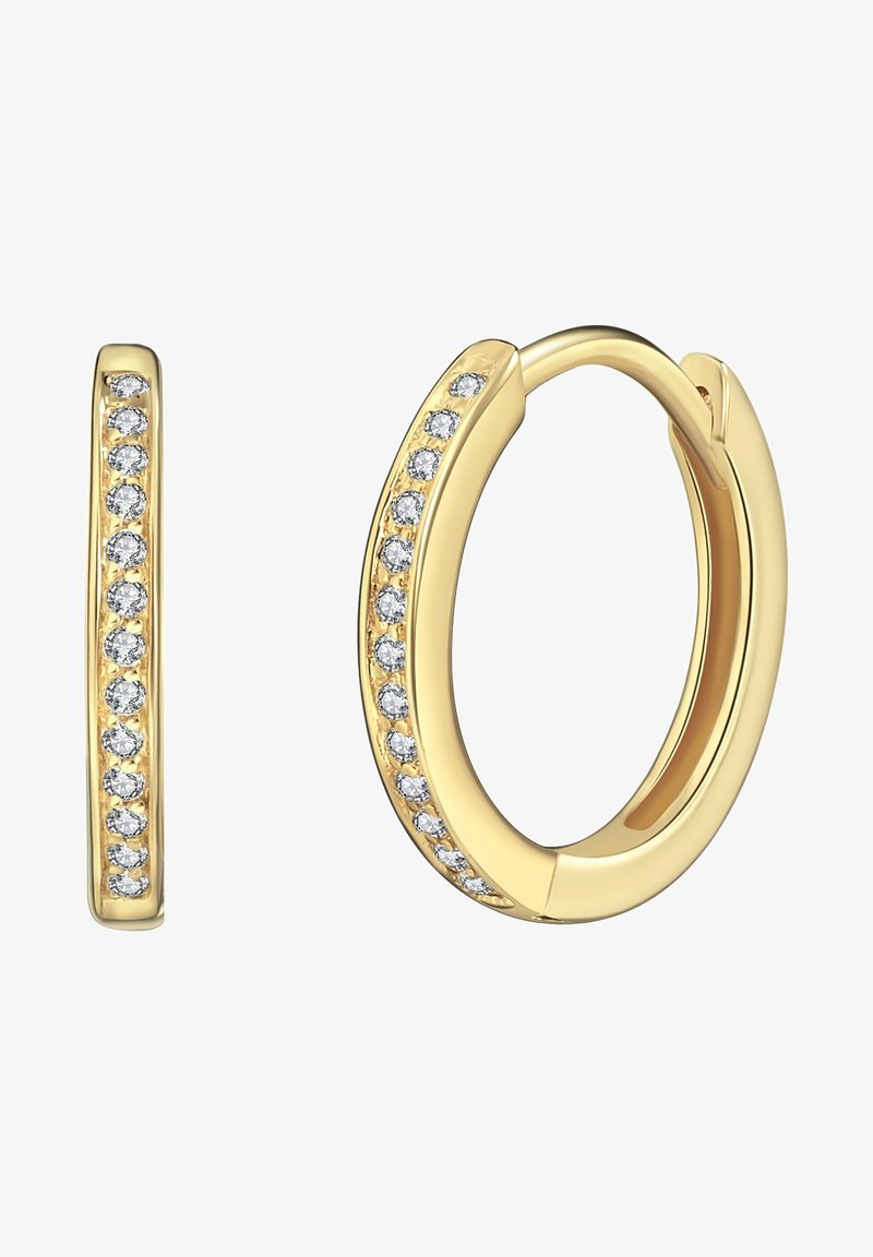 Zelta riņķa auskari ar slaidu dizainu un rindu mazu caurspīdīgu dārgakmeņu gar vienu pusi. Gluda virsma, pulēta apdare.