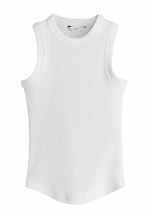 White sleeveless top made of ribbed fabric with a round neckline. It features a straight hem and minimal stitching detail.
