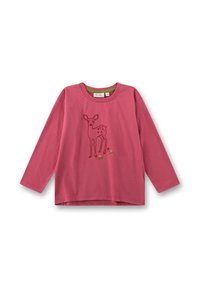 Rosa langärmliges T-Shirt aus Baumwolle mit einem gestickten Rehdesign und kleinen Blumen am Saum. Rundhalsausschnitt und lockere Passform.