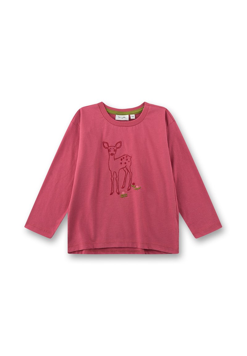 Rosa langärmliges T-Shirt aus Baumwolle mit einem gestickten Rehdesign und kleinen Blumen am Saum. Rundhalsausschnitt und lockere Passform.