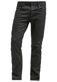Černé džíny s úzkým střihem, s hladkou texturou, pěti kapsami, předním zapínáním na knoflík a decentními švy.