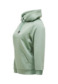 Miętowa zielona bluza z kapturem, wyposażona w przednią kieszeń typu kangurka, kaptur z regulowanym sznurkiem oraz ściągacze przy rękawach i na dole; wykonana z miękkiej, fakturowanej tkaniny.