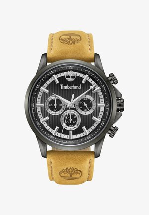 Schwarze Chronographuhr mit strukturiertem grauen Zifferblatt, silbernen Akzenten und drei Unterzifferblättern. Verfügt über ein braunes Lederarmband mit eingeprägtem Logo.