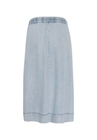 Helehallidest denim seelik, millel on elastne vöökoht, kuni põlveni ja sirge siluett. Omab lihtsat, puhtakujundust minimaalse õmblusega.