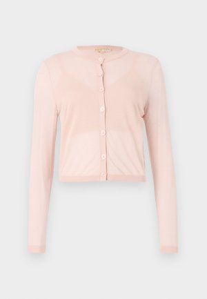 Pink, cropped cardigan made of soft-knit fabric, featuring long sleeves and a round neckline. Six buttons along the front with ribbed cuffs.