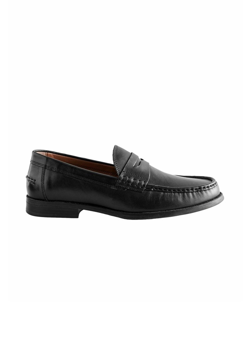 Crne kožne loafers cipele s zaobljenim vrhom, dekorativnim šavovima i ravnim potplatom. Imaju glatku teksturu i dizajn koji se lako obuva.