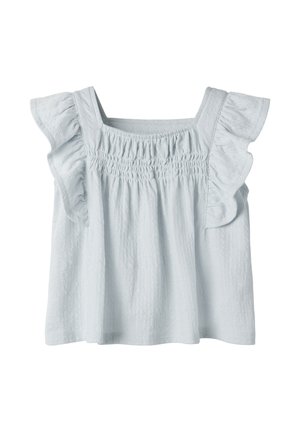 Hellblaue ärmellose Bluse mit gerafften Schulterträgern und gerafften Details am Oberteil, aus strukturiertem, leichtem Stoff gefertigt.