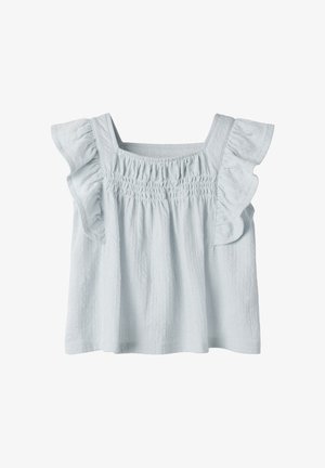 Hellblaue ärmellose Bluse mit gerafften Schulterträgern und gerafften Details am Oberteil, aus strukturiertem, leichtem Stoff gefertigt.