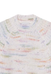 Sweter o fakturze dzianinowej w kolorze białym z wielokolorowymi plamkami i paskami w pastelowych odcieniach. Posiada okrągły dekolt i ściągacze przy mankietach.