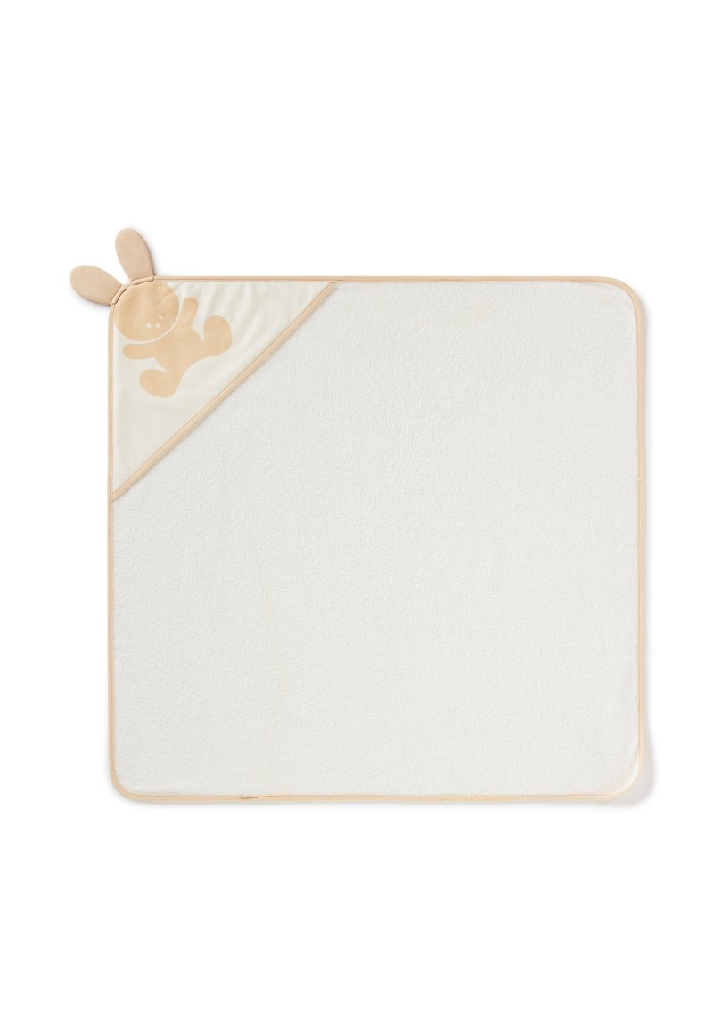 Coperta rettangolare per neonati in morbido tessuto bianco, con un angolo in raso beige decorato con orecchie di coniglio e una silhouette di coniglio marrone chiaro.